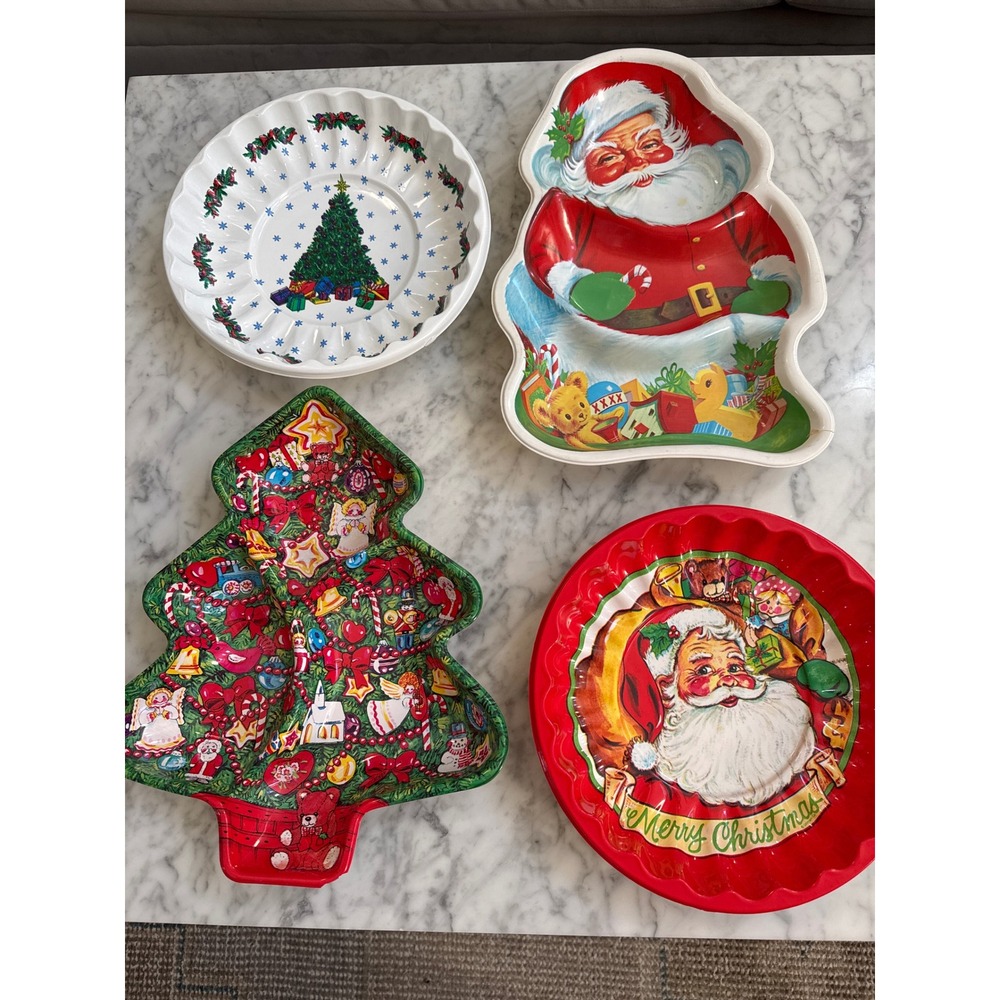 Vintage Ullman Co Christmas Serving Tray Plate Set Santa Tree Plastic 4pc